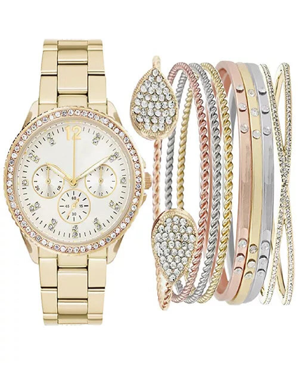 Jessica Carlyle Women Gold Watch Pearl Bracelet Set White Mop Dial Crystal Pearl